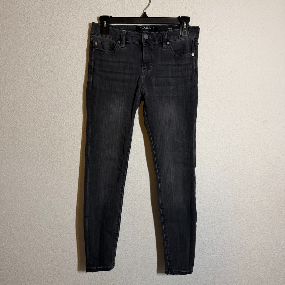 Liverpool Jeans Womens‎ Petite 4/27 Black Dark Wash Denim Whiskered Skinny Leg
